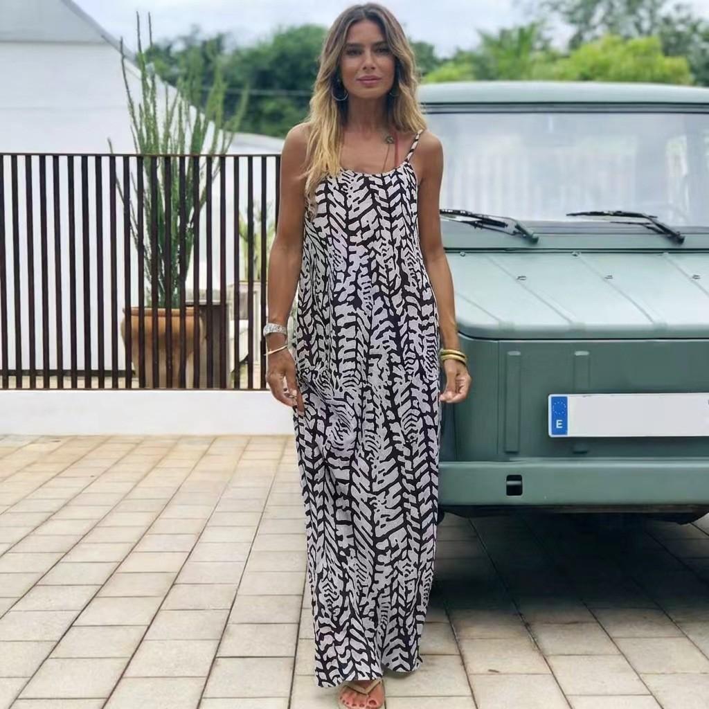 Maxi Abito Estivo Stampato Senza Schiena con Spalline Annodate per Uso Casual in Vacanza al Mare