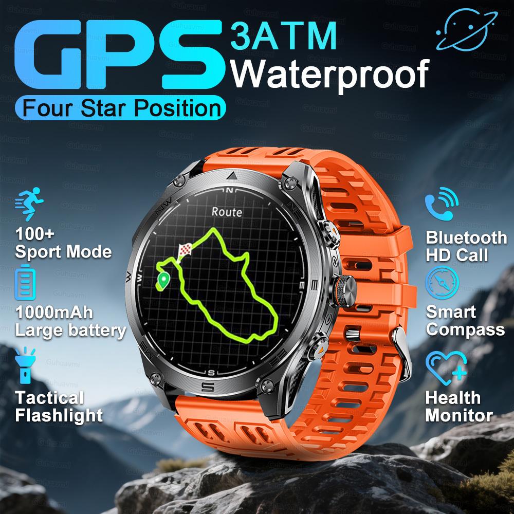 

Outdoor Military GPS Sports Smart Watch 10ATM Waterproof Built-in Dual-Band GNSS Compass Altimeter Swimming Smartwatches For Men 1000mAh Battery помаранчевий