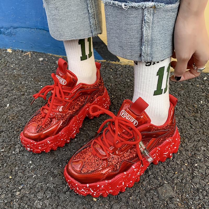 Reflective Chunky Sneakers Women Fashion Glitter Bling Vulcanized Shoes Woman Designer Platform Sneakers Shoes