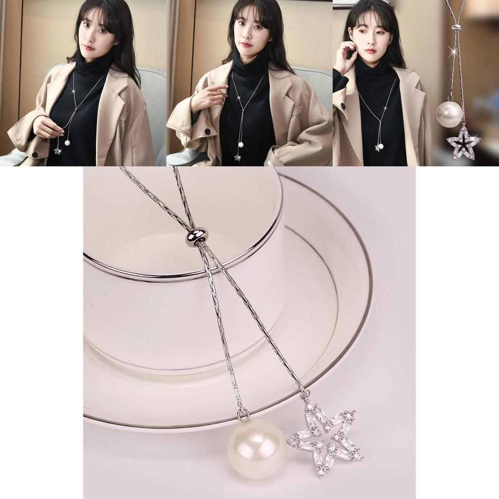 Fashionable Long Chain Star Shaped Pendant Necklace With Pearls Sparkling Design
