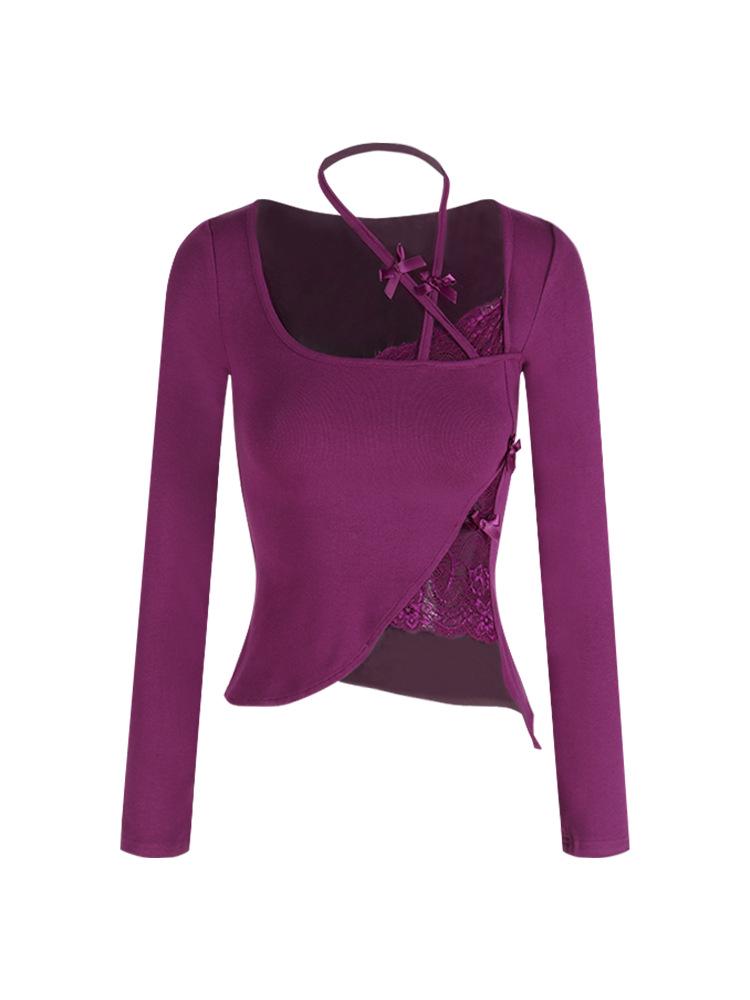 Purple Long-Sleeve Lace Halter Slim-Fit Women's Winter Top