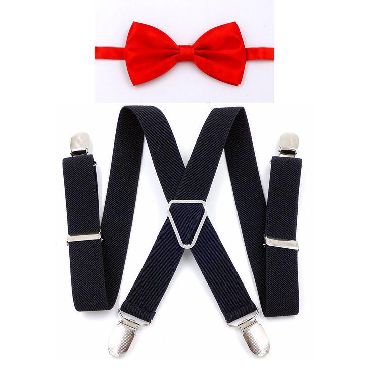 Unisex X-Shape Adjustable Black Suspenders with Bow Tie for Weddings & Performances.