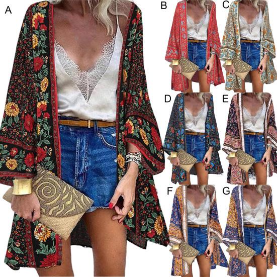 Women Cardigan Floral Print Batwing Sleeve Summer Bohemian Sun Protection Long Blouse for Daily Wear
