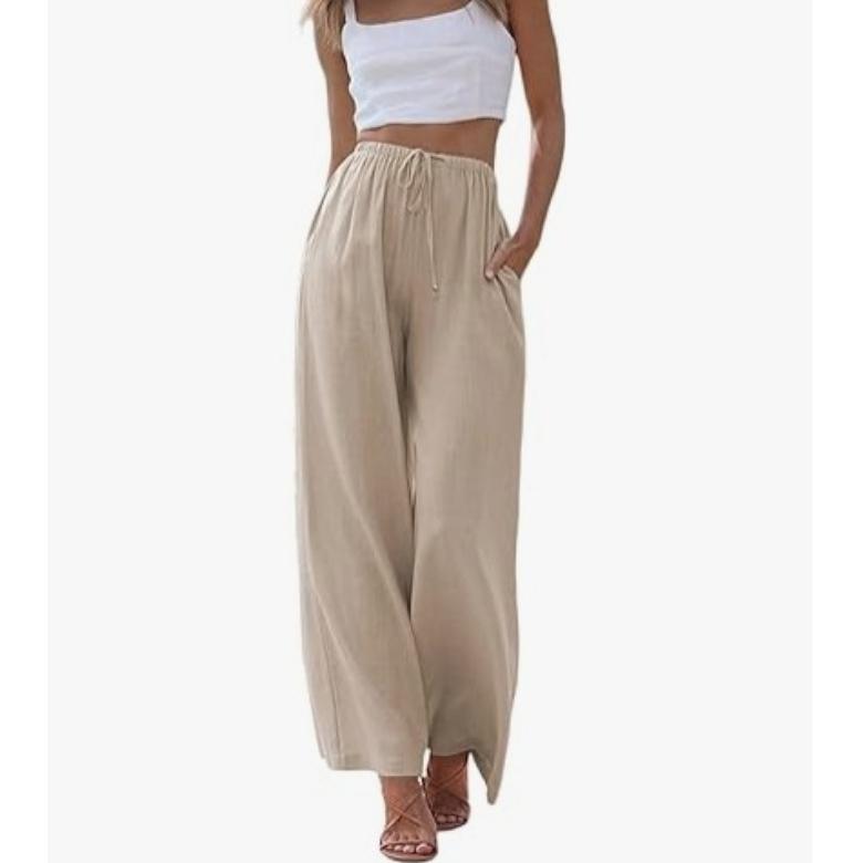 Pantaloni di grandi dimensioni da donna in cotone e lino, pantaloni larghi con elastico in vita, casual, con coulisse e tasche, a gamba larga