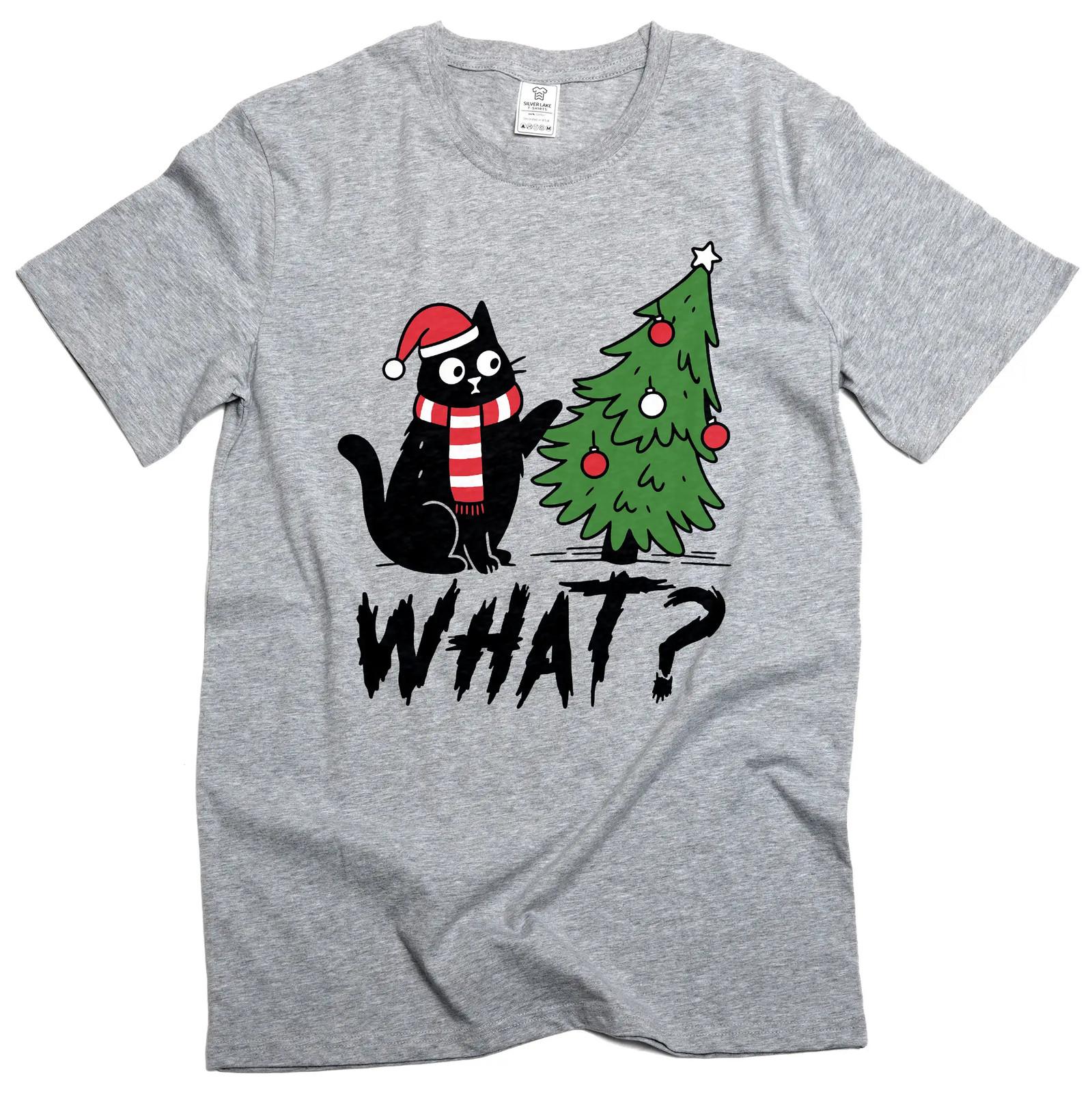 Funny Christmas Tree What Cat T-shirt humorous Xmas Pet Tee Shirt S