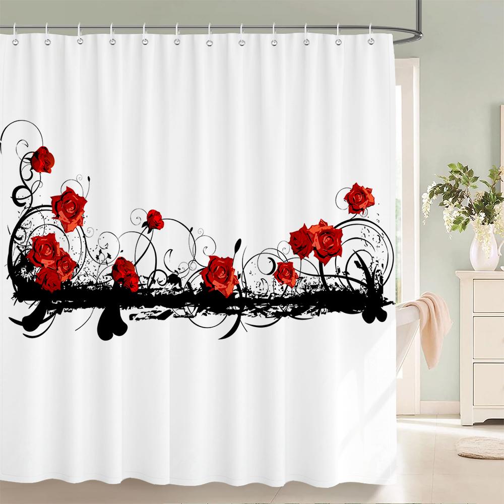1 Pak Mooie Rozenpatroon Polyester Douchegordijn Kunst Minimalistische Stijl Bloemen Badgordijn Decoratief Badkamergordijn