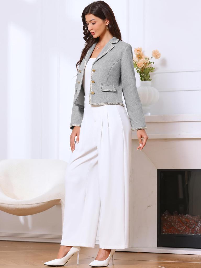 Allegra K Women's Tweed Jacket, Elegant Double-Breasted Long Sleeve Crop Blazer with Collar, Dressy Casual, Gray, Size M