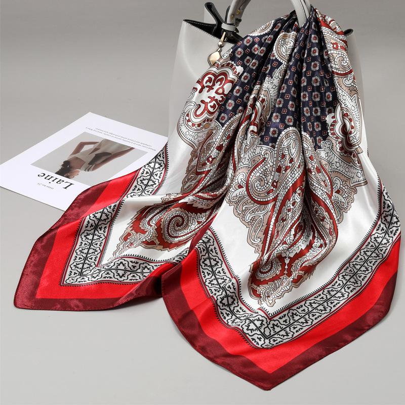 90x90cm Square Shawls Satin Neck Scarf For Women Fashion Print Floral Head Hijab Scarves Female Silk Feel Neckerchief Headband