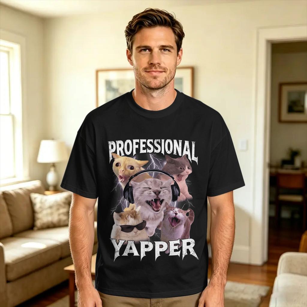 Professional Yapper Funny Cat Meme Cotton Tshirt For Unisex Summer Vintage T Shirts Leisure Tees Plus Size Print Clothing