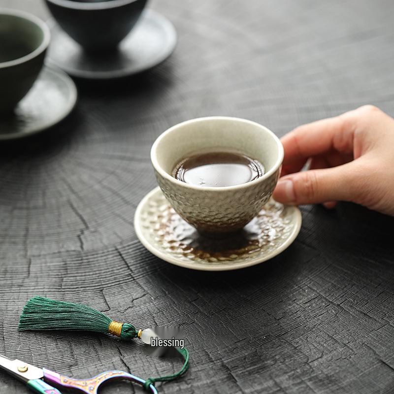 Handmade Jianzhan Coarse Pottery Teacup Set with Hammered Pattern - Retro Ceramic Kung Fu Tea Cup & Coaster