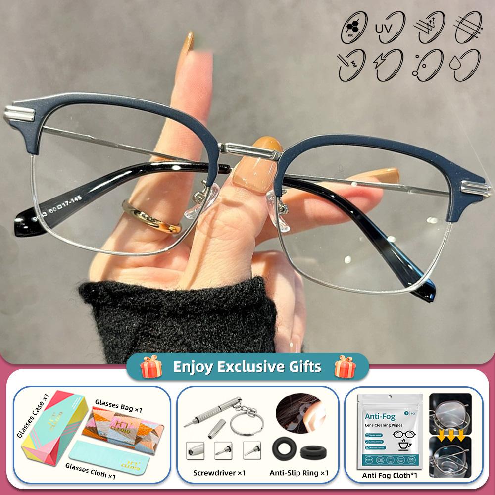 CLLOIO Simple Classic Half-Frame Myopia Prescription Reading Glasses Women Small Frame Anti Blue Ray Progressive Optical Eyeware