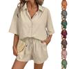 Women’s Short Sleeve Button Down Shirt and Elastic Waist Shorts Two Piece Set Casual Loose Fit Outfit