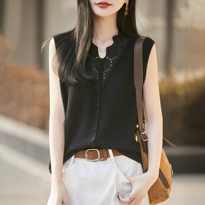 2026 Spring/Summer Women s Silk Wool V-Neck Sleeveless Knit Vest with Hollow Crochet Design M