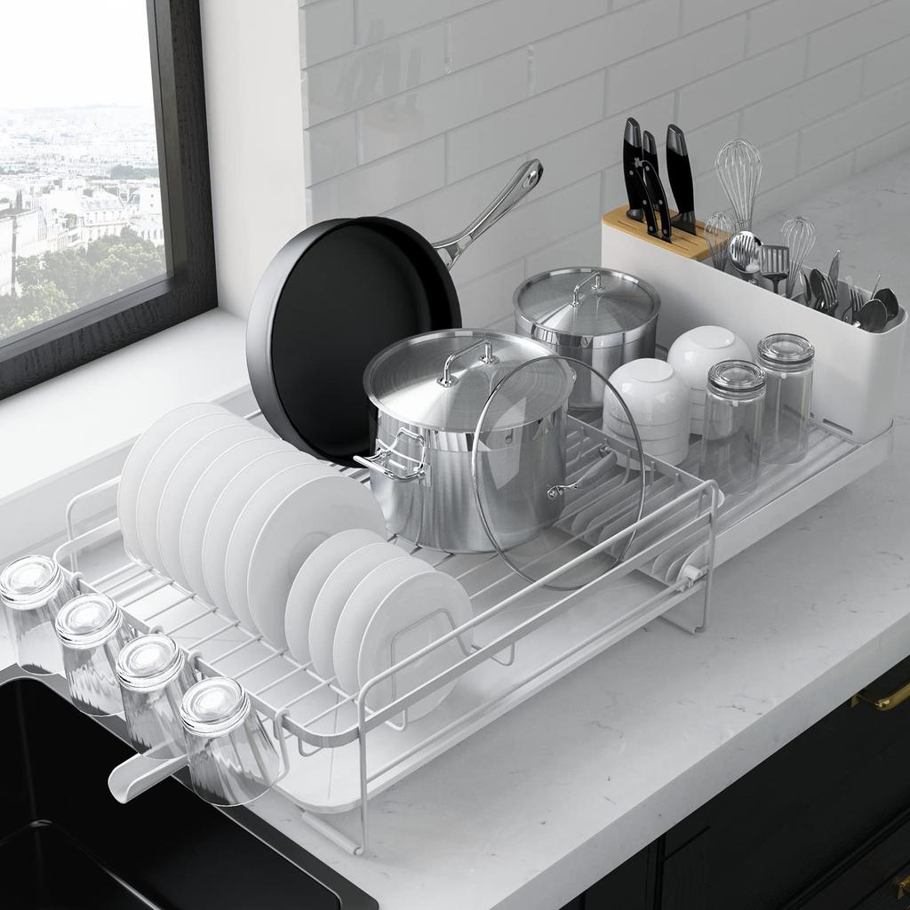 Kitsure Dish Large Capacity Expandable Dish Multifunctional Dish Drying Rack for Kitchen with Cutlery Box and Cup x x White Drainer, Drainer, Counter,