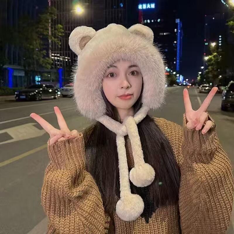 Hiver oreilles d'ours nouveau chapeau en peluche à lacets adulte polyvalent grand tour de tête pompon chaud féminin doux