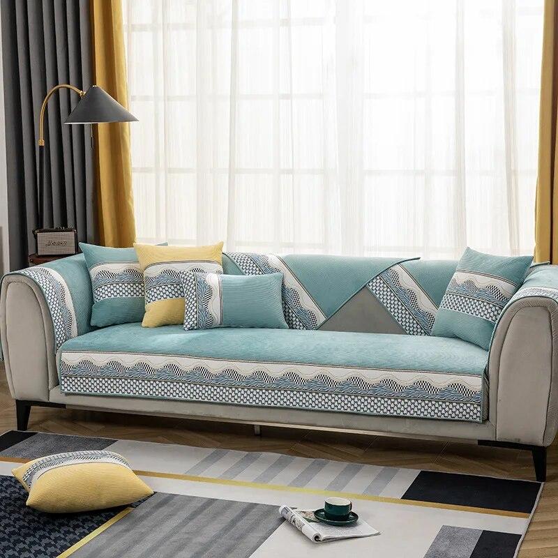Printing Splicing Solid Color Sofa Covers Thickened Sofa Cushion Autumn Winter Non-Slip Plush Cushion Cover Plush Sofa Cushion