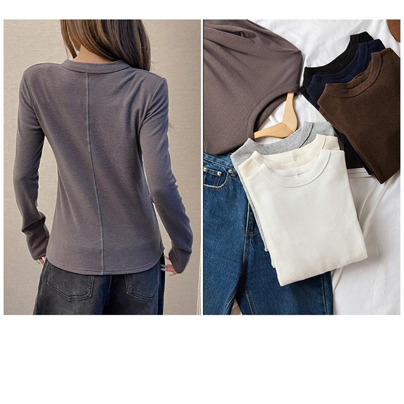 Women's Autumn And Winter Solid Color T Shirt With Brushed Long Sleeved Base Underneath