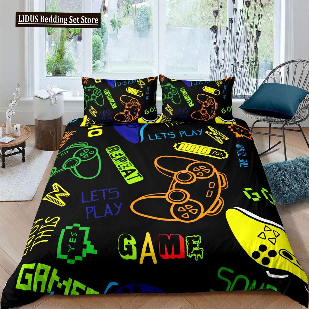 Gamer Duvet Cover Set Rotating Music Comforter Cover Gamepad Gaming Bedding Set For Boys Headphone Bedspreads Cover Queen Size