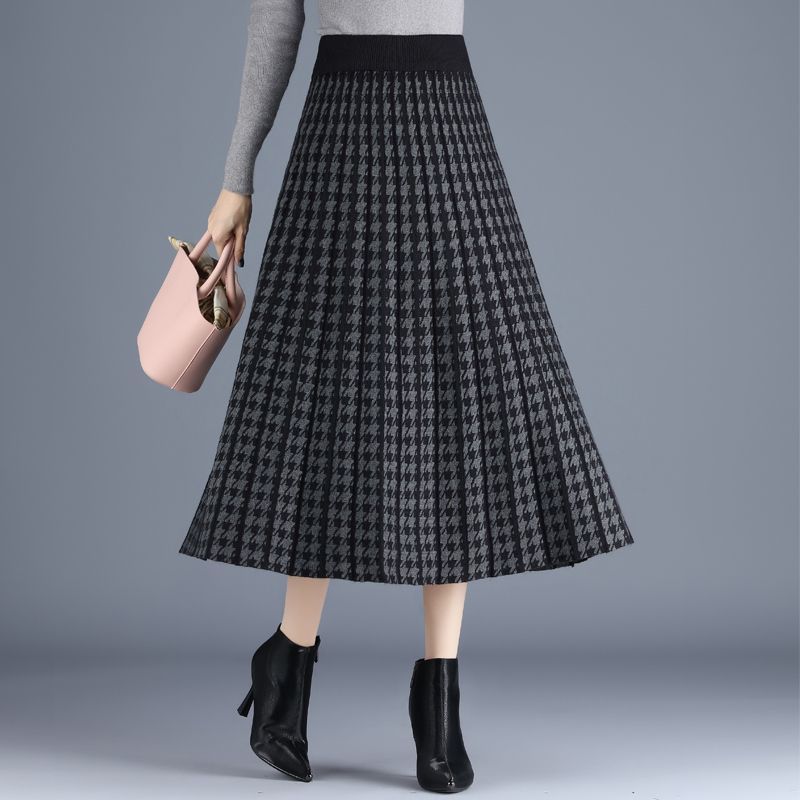 Autumn/Winter Thick Knitted Pleated Skirt for Women High Waist Mid Length Knitted Skirt