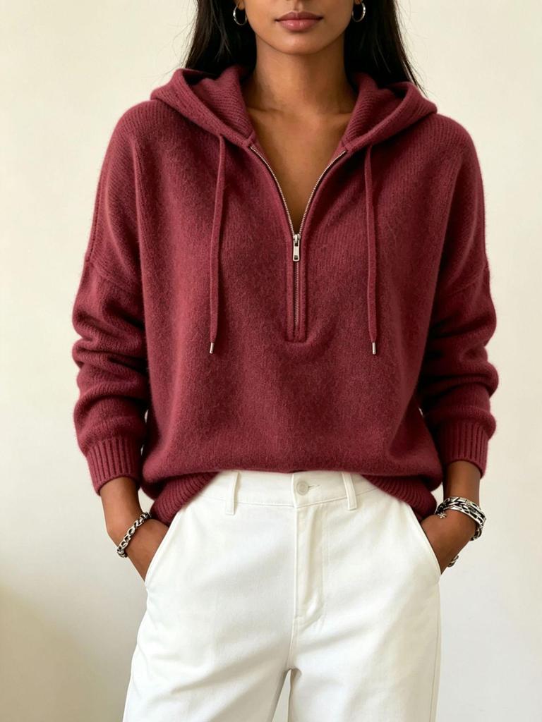 2026 Autumn/Winter European & American Women's Solid Color Zipper Hooded Knit Sweater