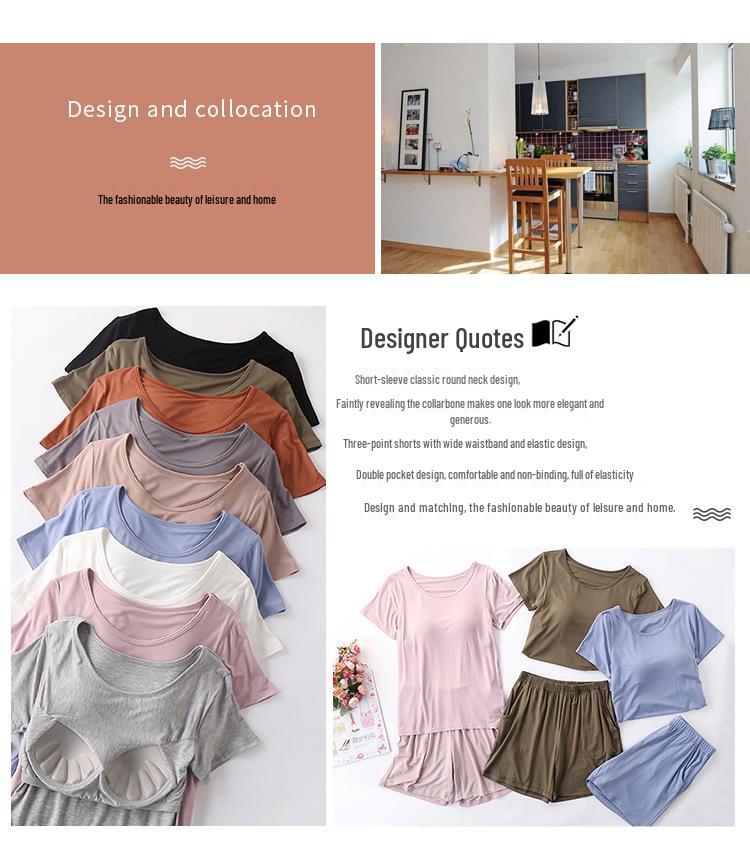 Women's Modal Chest Pad Short Sleeve Pajama Set - Summer Five-Point Shorts