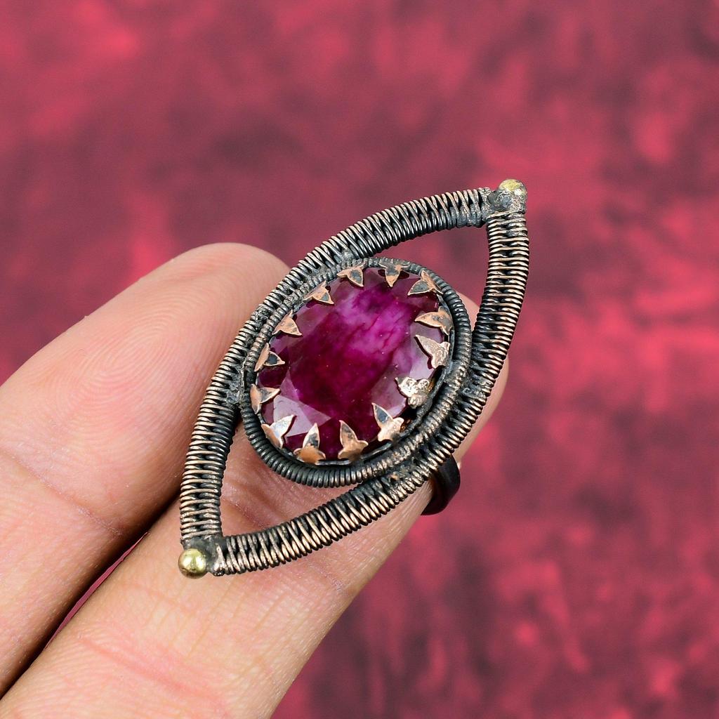Faceted Kashmir Ruby Ring Copper Wire Wrapped Ring Handmade Jewelry Adjustable Ring Gemstone Copper Jewelry Engagement Gifts Statement Rings