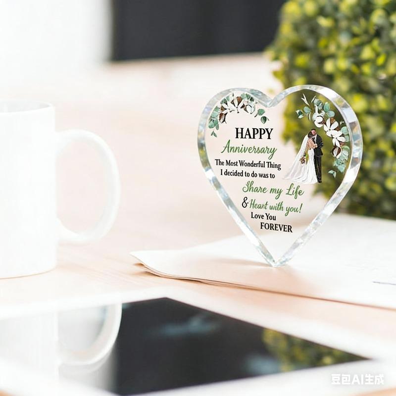 2D Flat, "Happy Anniversary" Heart-Shaped Anniversary Acrylic Desktop Decoration, Romantic Floral Design, Home Decor Plaque Hanging Wall Art Decorativ