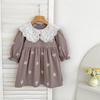 Bawełniana sukienka dla dziewczynek w stylu koreańskim, haftowana, z koronkowym kołnierzykiem i długimi rękawami - Moda wiosenno-jesienna dla maluchów