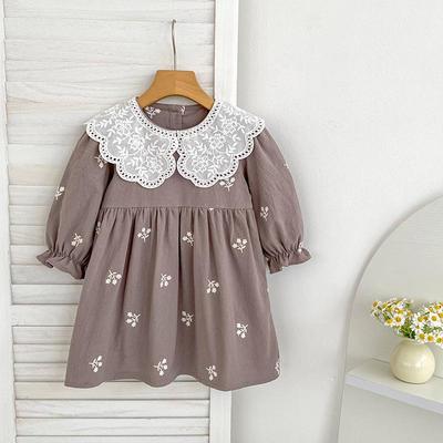 Korean Style Baby Girls' Embroidered Cotton Dress with Lace Collar & Long Sleeves - Toddler Spring/Autumn Fashion