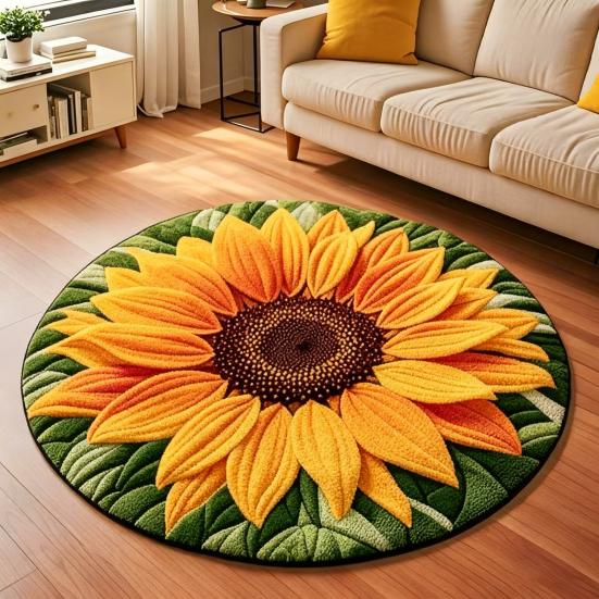 Yousheng 3D Sunflower Floor Mat Non-Slip Absorbent Bathroom Rug Quick-Dry Round Floral Area Rug for Farmhouse Bedroom Entryway Living Room