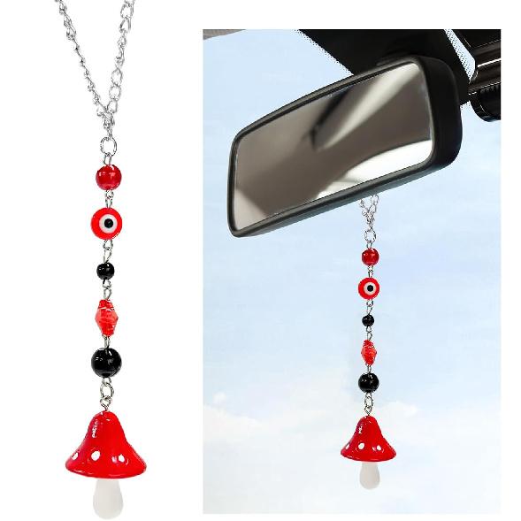 Car Rearview Mirror Mushroom Charm, Car Hanging Ornament Resin Mushroom Pendant for Women Girls, Lucky Mushroom Beaded Decor Universal Rear View