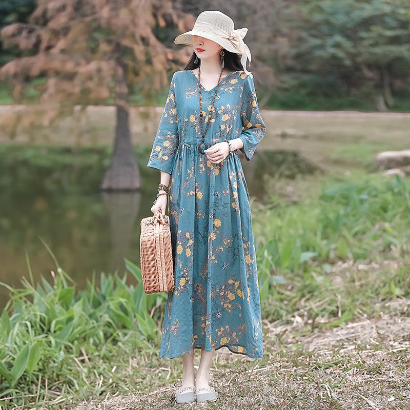 2026 Summer Retro Print Cotton & Linen Long Dress for Women