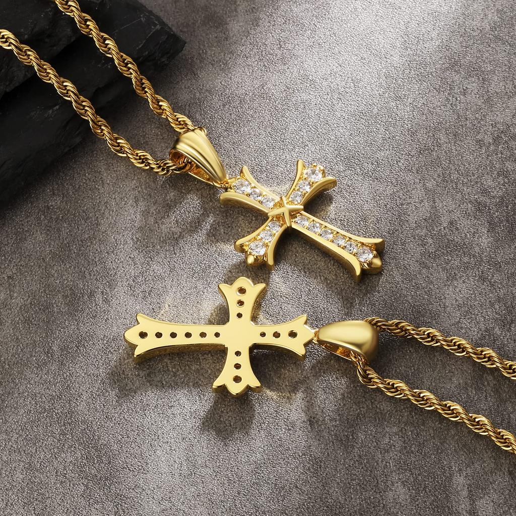 Cross Necklace with a Cross Pendant and Rope 14K Gold Plated of with CZ Sparkling Chain Popular Hip Hop Gift KRKC&CO Men's Zirconia, Chain, (Set 2)