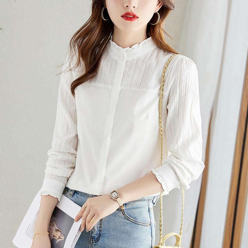 Black Fungus Collar White Shirt for Women Long-sleeved Spring Clothes New Slim Top Pure Cotton Casual Shirt