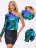 Allegra K Women's Shiny One-Shoulder Sequin Puff Sleeve Long Shimmer Top In Green, Size M