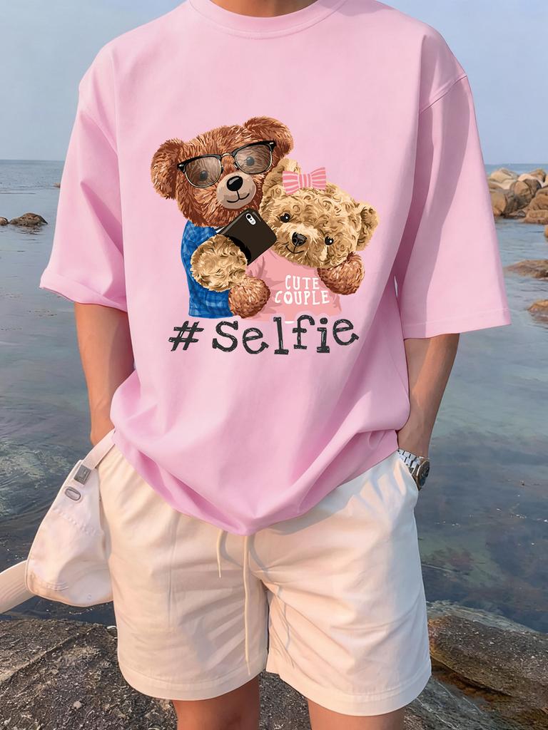 Cute Couple Bears Selfie Printing TShirts Womens Summer Cotton Short Sleeve Tees Loose ONeck Comfortable Tops Casual Clothes