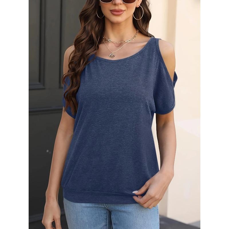 DAFIFY Women's Fashion Casual Summer Spring Solid Color Print Short Sleeve O-Neck Blouses & Shirts
