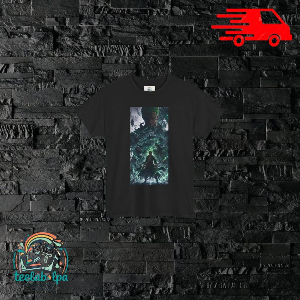 T-shirt Featuring Roronoa Zoro, Mugiwara Swordsman, Anime Graphics, Streetwear Look, Gift Idea for One Piece Fans.