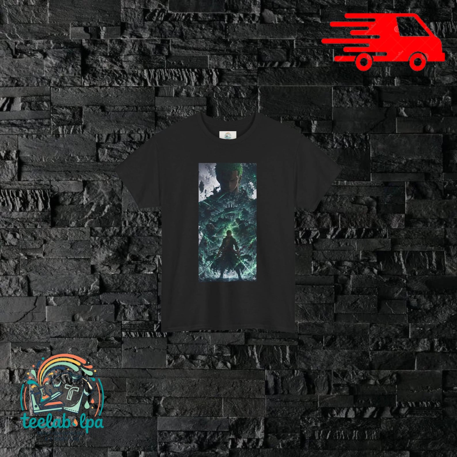 T-shirt featuring Roronoa Zoro, Mugiwara swordsman, anime graphics, streetwear look, gift idea for One Piece fans. XL