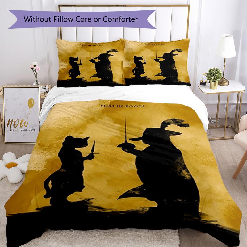 3pcs Puss In Boots Bedding Set Duvet Cover Closure Includes 1 Duvet Cover & 2 Pillowcases, Soft and Comfortable for All Seasons.