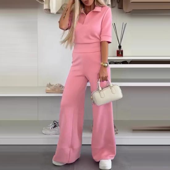 Yousheng 2Pcs/Set Women Casual Shirt Pants Suit Solid Color Spring Summer Turn Down Collar Short Sleeve Top High Waisted Wide Leg Pants Long Trousers