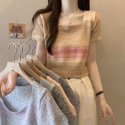 Color Blocked Square Neck Short Sleeved Knitted Sweater for Women In Summer Retro and Niche Short Style Slimming Top