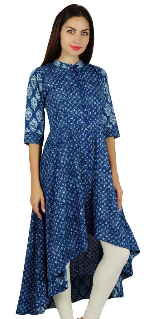 Bimba Womens Kurta Designer Kurti Mandarin Collar Block Print Chic Fashion