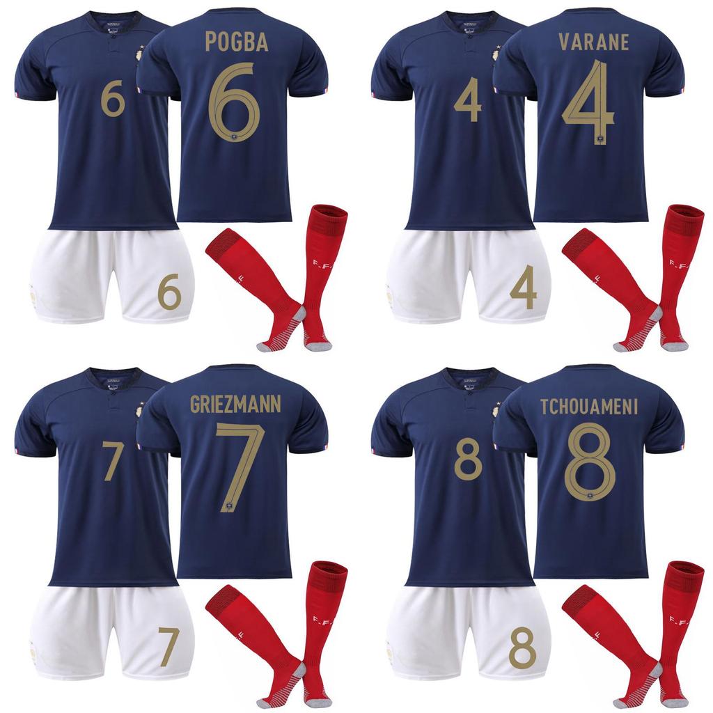 Novinka 2223 Sada fotbalového dresu pro mistrovství světa s Mbappém 10, Benzemou 19 a Griezmannem 7