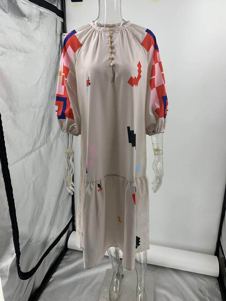2024 New Autumn/Winter Loose Printed Casual Lantern Sleeve Dress for Women