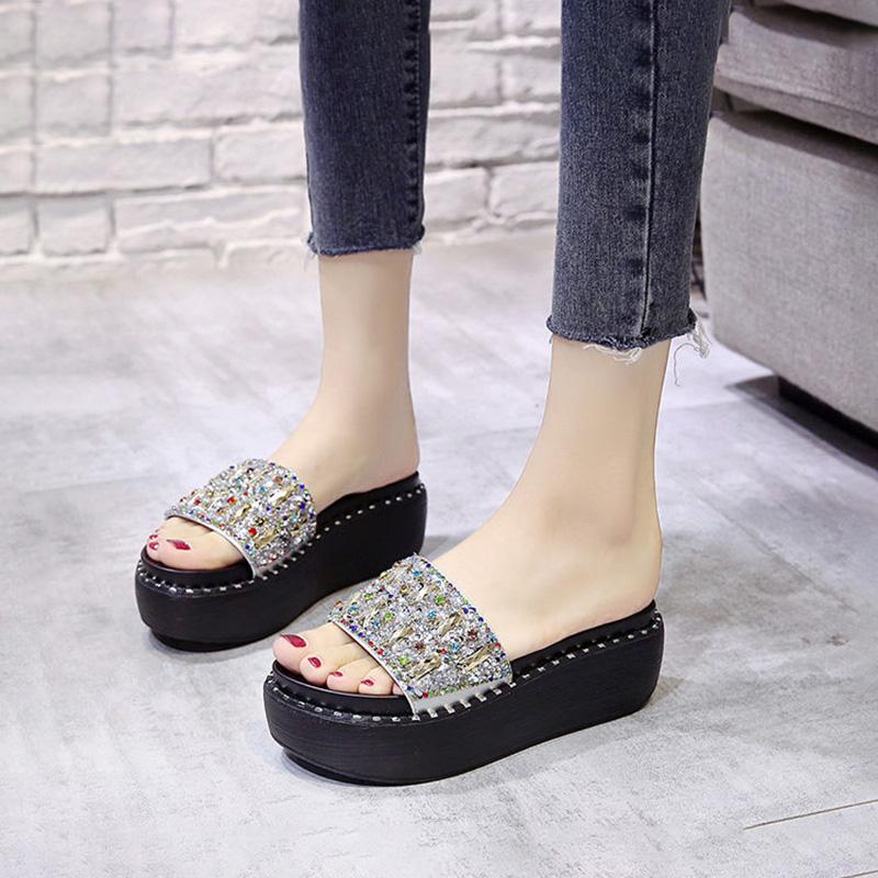 6cm Pantofle s vysokým podpatkem a kamínky Dámské Letní nošení Univerzální Nýty Silná podrážka Jednoslovné Nazouváky Boty na vysokém podpatku Křišťálové flitry