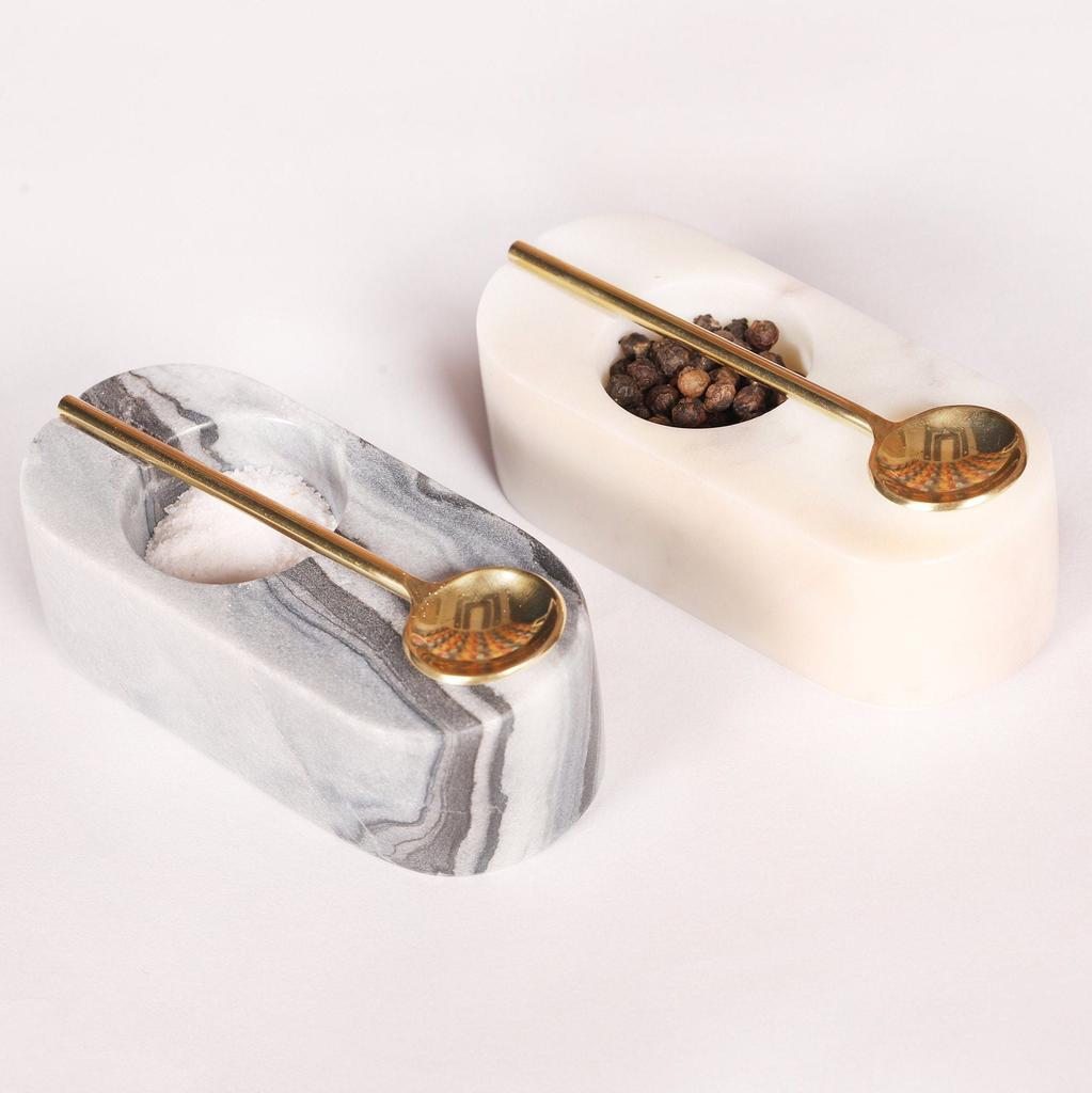Marble Salt and Pepper Bowls with Brass Spoons - Kitchen Decor (Set of 2)