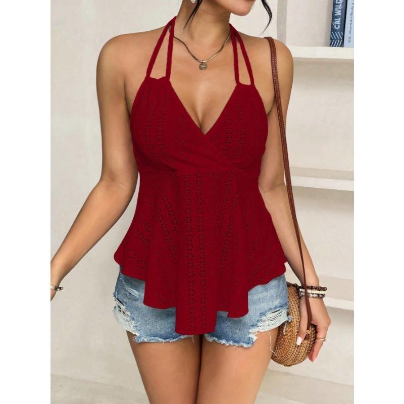 Womens V Neck Wrap Tank Top With Eyelet Embroidery Spaghetti Strap Casual Peplum Sleeveless Blouse