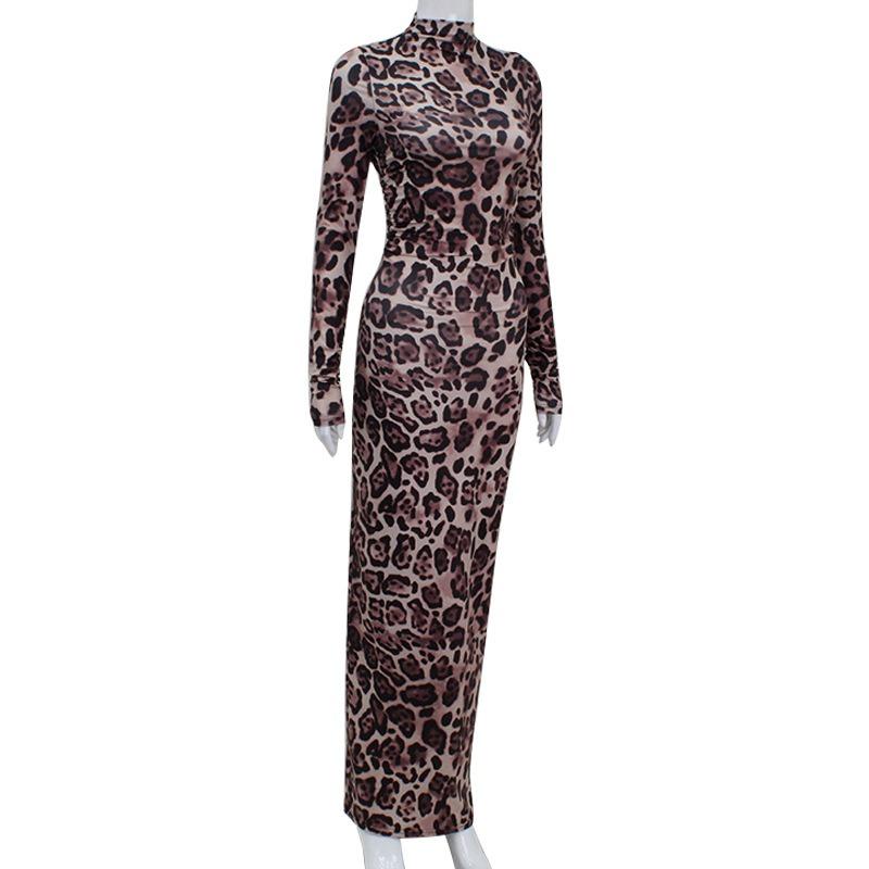 Women's Printed Round Neck Long Sleeve Sexy Spice Club Fashion Senior Leopard Print Sheath Dress