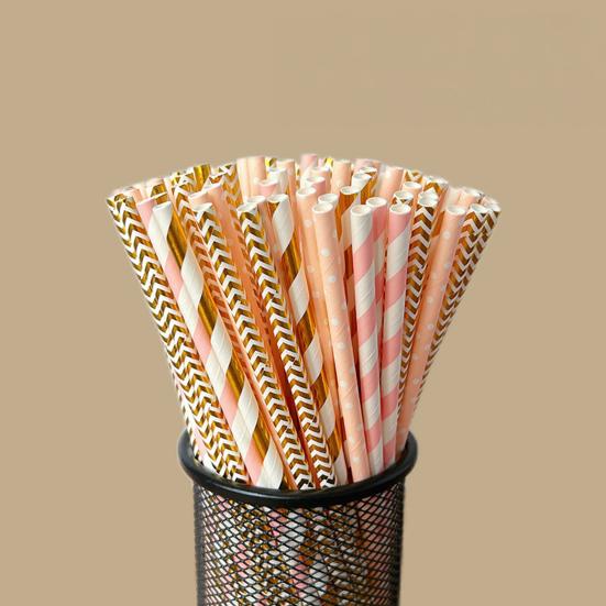 100Pcs Biodegradable Paper Straws Colorful Striped Print Food-Grade Safe Drinking Straws Party Supplies